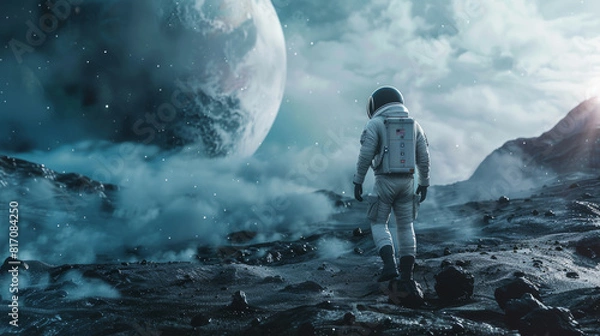 Fototapeta Astronaut in the shadow of a massive planet, otherworldly quest.
