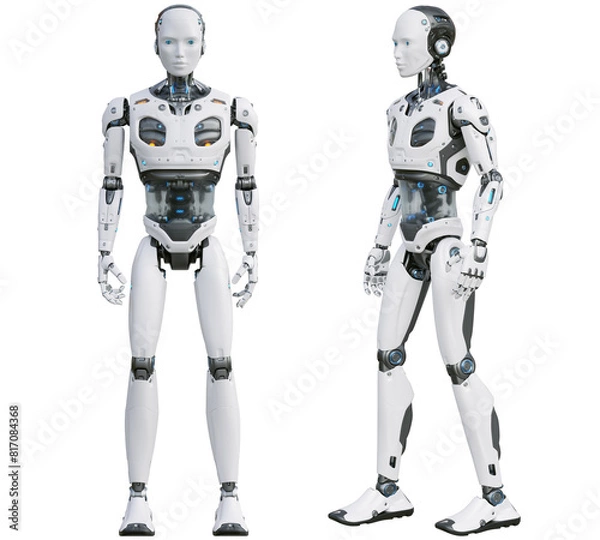 Fototapeta Robot android posing on a white background. 3D illustration