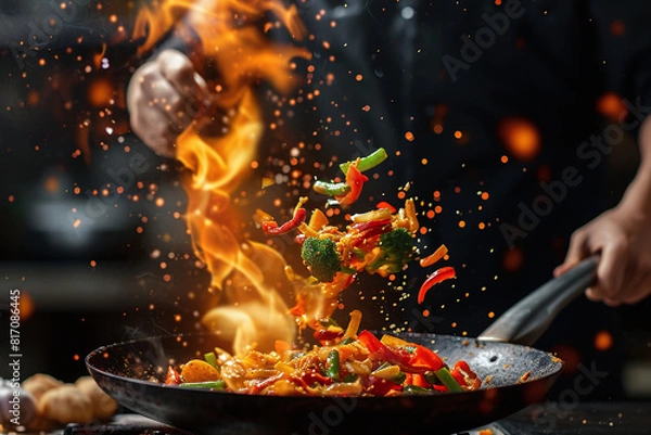 Obraz Freeze Motion of Wok Pan with Flying Ingredients in the Air and Fire Flames. Closeup of chef throwing vegetable mix from wok pan in fire. Fresh asian food preparation on dark background.