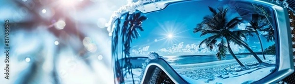Obraz Frosted ski goggles with a reflection of a sunny beach and palm trees The cold, snowy exterior contrasts with the warm, tropical paradise in the reflection