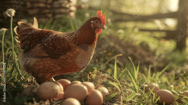 Fototapeta Contented hen near her trove of eggs in the golden light of dawn.