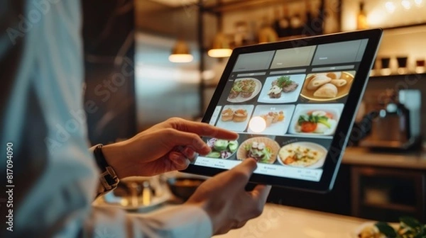 Fototapeta A guest browses a digital room service menu displayed on a tablet in the hotel room, customizing their order and selecting delivery time.