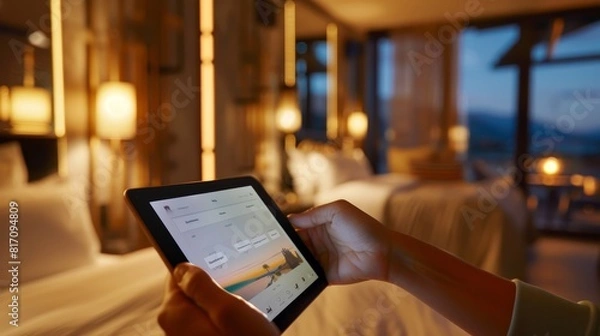 Fototapeta A guest browses a digital room service menu displayed on a tablet in the hotel room, customizing their order and selecting delivery time.