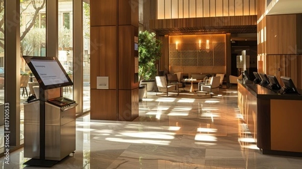Fototapeta A sleek and user-friendly self-service kiosk allows guests to check in and out of the hotel efficiently. A high-resolution screen displays clear instructions.