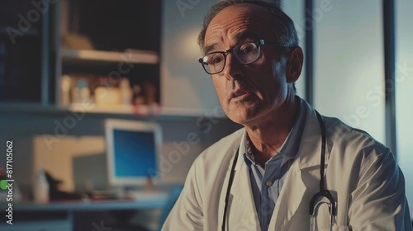 Fototapeta A doctor in a white lab coat is sitting at a desk with a computer monitor in front