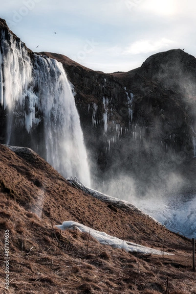 Obraz Snowy waterfall with ice
