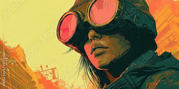 Fototapeta Emboldened by a Vintage Cyberpunk Aesthetic, an Unyielding Rebel Defiantly Marches through the Desolate Wasteland of a Dystopian Metropolis, Undeterred by the Bleak Surroundings that Surround Them