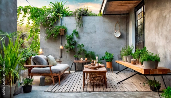 Fototapeta terraza de diseño moderno y muebles rústicos