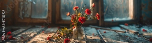 Obraz Wilted flowers on a forgotten birthday table, moody lighting, evocative of sadness