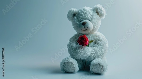 Fototapeta A cuddly Teddy Bear clutching a delicate flower stands out against a pure white backdrop embodying the essence of Valentine s Day