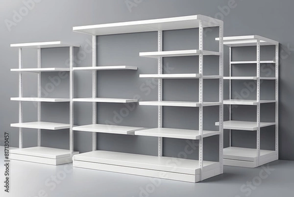 Fototapeta White empty supermarket shelf mockup with racks for product display. A realistic 3d vector illustration set of bookcases stands in different angles of view. Blank mock-up of store promotion equipment