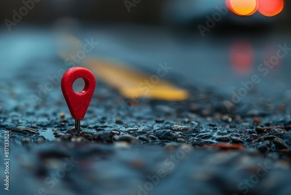 Fototapeta A red pin on the road marked by a marker