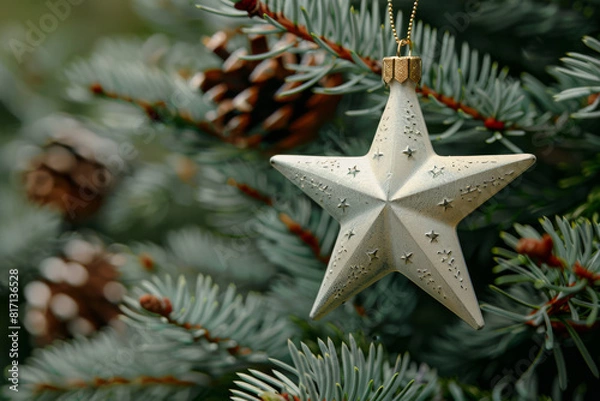 Obraz Ivory Star Decoration Suspended Among Green Pine Branches