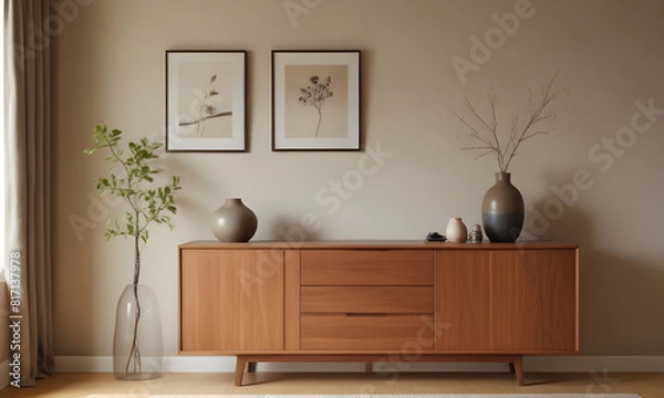 Fototapeta Stylish wooden sideboard with decorative vases and framed artwork, enhancing a serene and modern living room atmosphere
