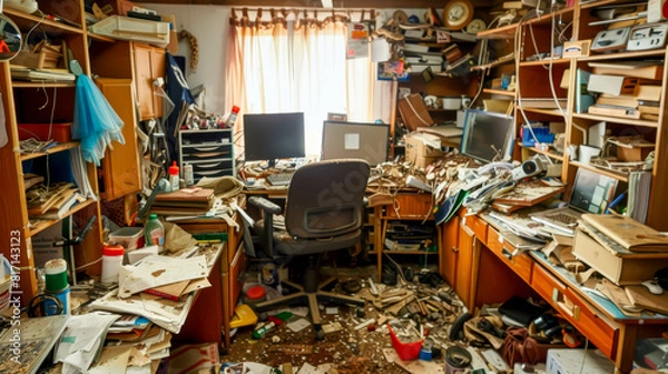 Obraz A messy room with a desk and chair. The desk is cluttered with papers and books. The chair is pushed against the wall