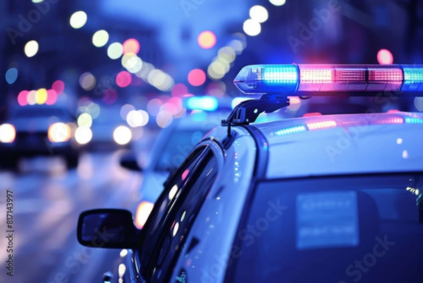 Obraz A police car with a blue and red light on top. The car is parked on a street with other cars