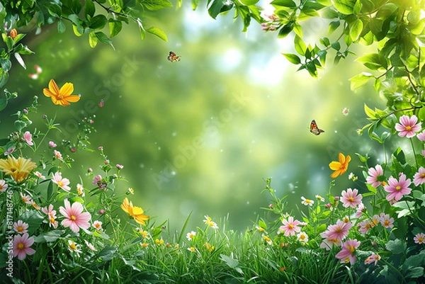 Fototapeta A garden scene with green tree branches and pink and yellow flower