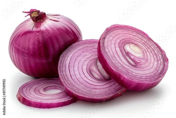 Fototapeta Whole and Sliced Red Onion on White Background