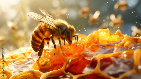Fototapeta A bee lands on a honeycomb overflowing with honey, Working bees on honeycombs