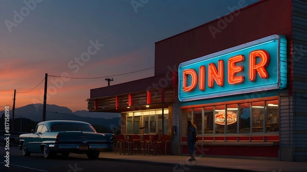 Obraz Retro diner with neon sign at dusk