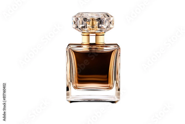 Fototapeta A bottle of perfume with a diamond-shaped cap. The bottle is made of glass and is filled with a golden liquid.