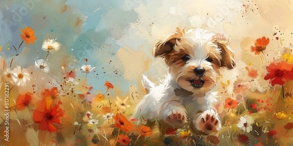 Fototapeta A playful watercolor depiction of a puppy running through a field of flowers