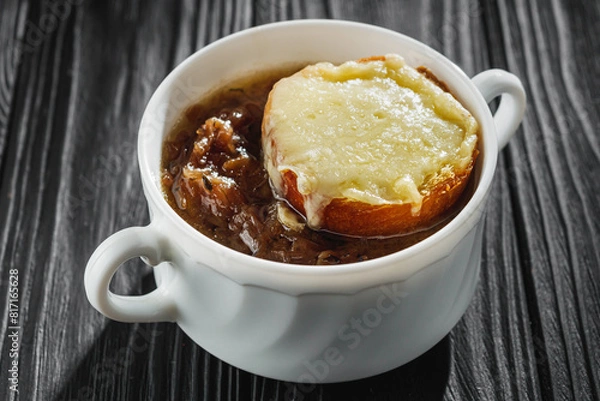 Obraz delicious original french onion soup on a black rustic wooden background