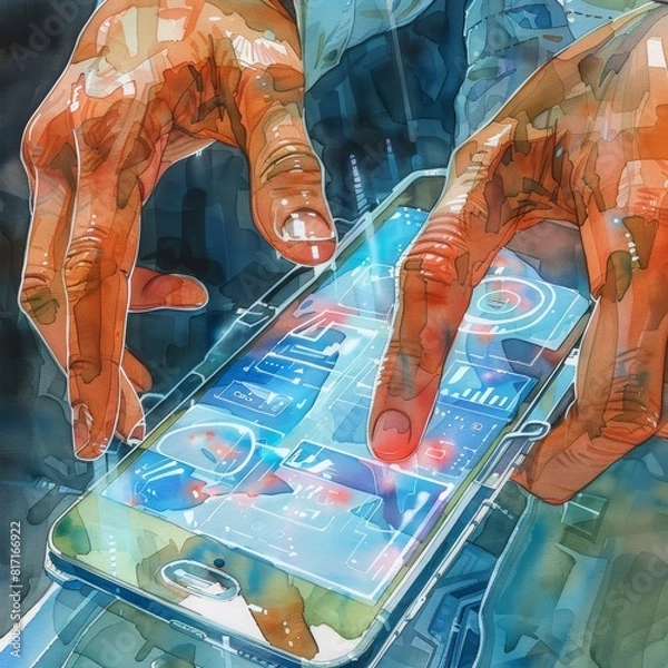 Fototapeta A futuristic watercolor depiction of hands using a hightech smartphone interface