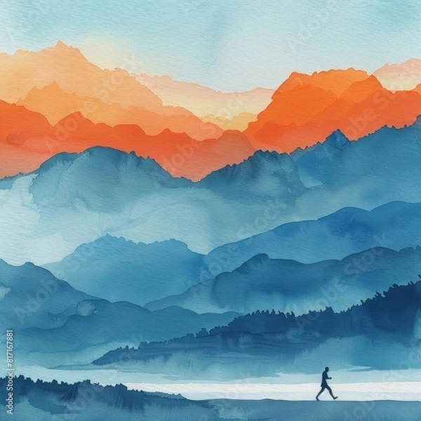 Fototapeta A dynamic watercolor painting of a person running at sunrise with mountains in the background