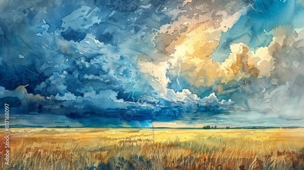 Fototapeta A dramatic watercolor painting of a thunderstorm over an open prairie