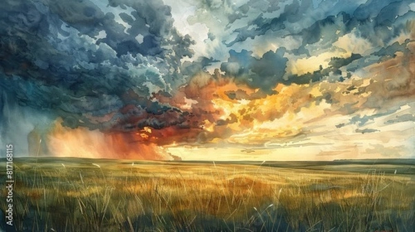 Fototapeta A dramatic watercolor painting of a thunderstorm over an open prairie
