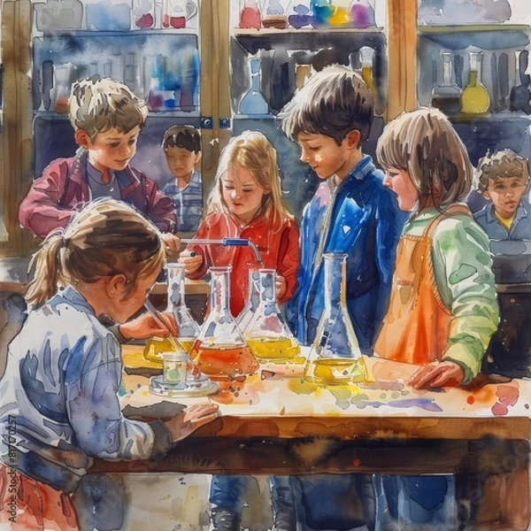 Fototapeta A colorful watercolor scene of children engaged in a science experiment in class