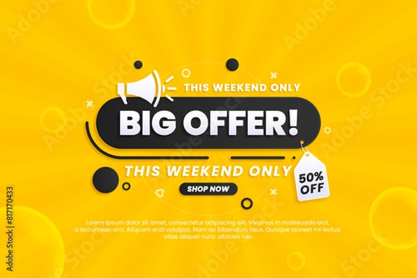 Fototapeta Modern big offer banner design template with discount isolated on yellow abstract background