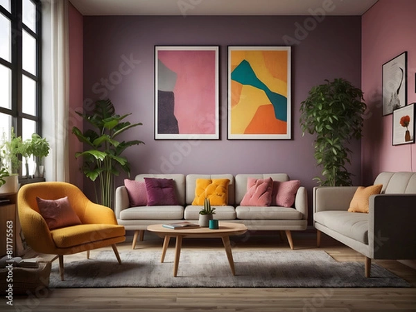 Fototapeta Modern and colorful interior of living room with design boucle sofa, mock-up poster, shelf, plants, decorations, and personal stuff. Home decor design.