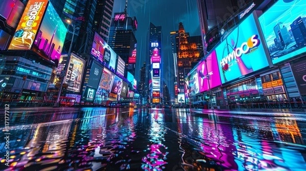 Fototapeta Futuristic skyline with holographic billboards, neon lights reflecting on wet streets, Cyberpunk, Nighttime, Digital art