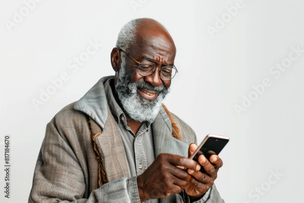 Fototapeta Joyful elderly african american man with glasses smiling while using a smartphone, exemplifying modern technology integration