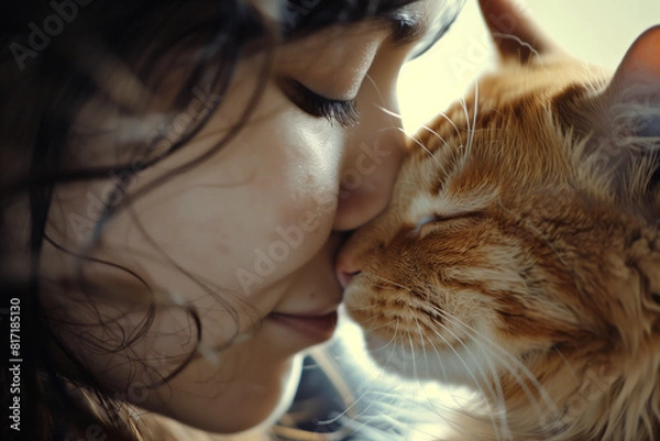 Fototapeta A young lady touching the nose with a ginger cat