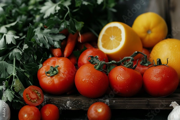 Fototapeta A bunch of vegetables, herbs and lemon