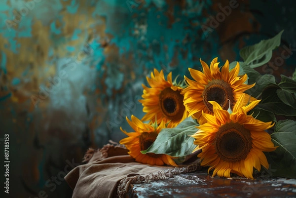 Fototapeta Cut sunflower on table, artistic, grunge wall background