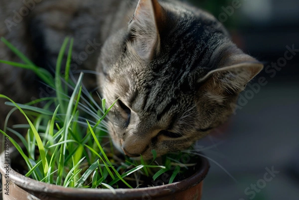Fototapeta A cat eating a cat grass