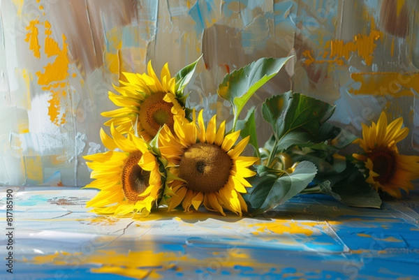 Fototapeta Cut sunflower on table, artistic, on painted background wall