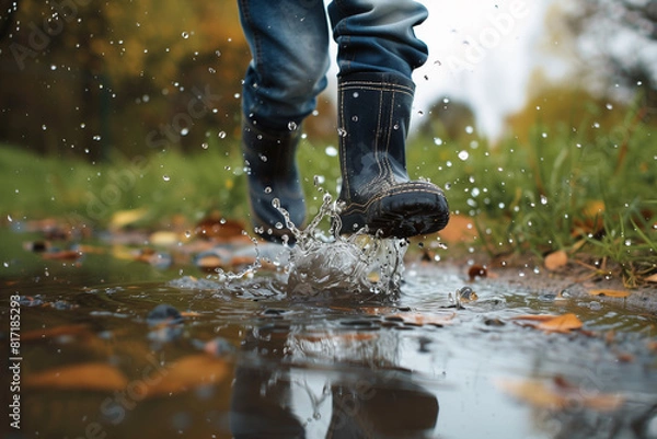 Fototapeta A child jumping into puddle wearing wellingtons