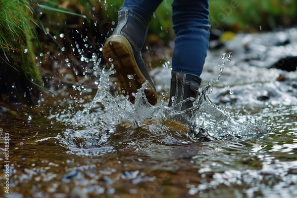 Fototapeta A person walking through the puddle of water wearing wellingtons