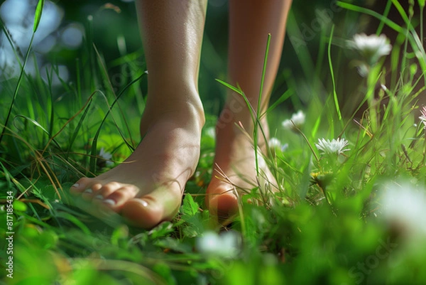 Fototapeta Woman's bare feet standing on the green grass