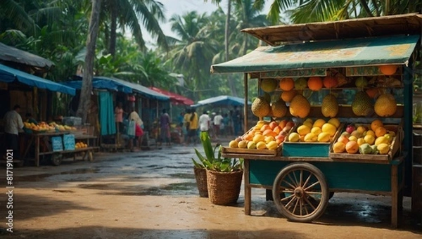 Obraz A fruit stand with a cart full of fruit
