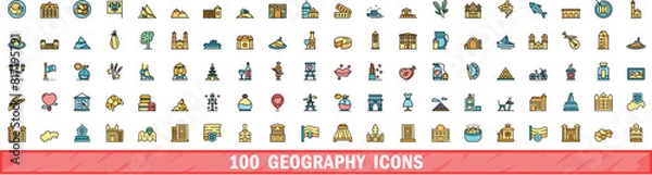 Fototapeta 100 geography icons set. Color line set of geography vector icons thin line color flat on white