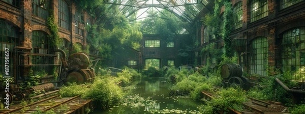 Fototapeta Nature Reclamation: A factory being overtaken by greenery, with plants growing through the machinery.