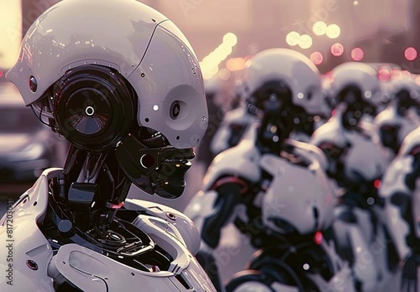 Fototapeta Exploring the impact of robotics on society and industry through artwork showcasing humanoid robots, industrial automation, and autonomous vehicles.