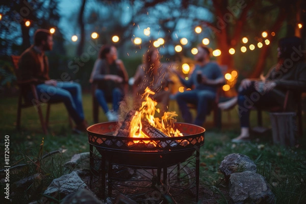 Fototapeta Evening backyard barbecue with friends gathered around a fire pit, roasting marshmallows and chatting. AI generated.