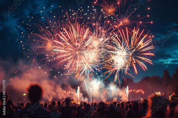 Fototapeta Large crowd watching an impressive firework display at a summer fair, with a blurred background.. AI generated.